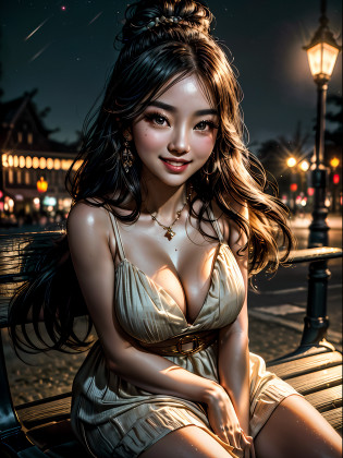 (masterpiece, high resolution:1.3), (nighttime portrait of a Chinese woman:1.2), (her long hair elegantly tied in a bun, accentuating her features:1.1), (Canon EOS R5 camera, perfect for capturing stunning portraits even in low light:1.2), (paired with the Canon RF 50mm f/1.2 L USM lens:1.2), (her captivating honey-colored eyes shining brightly:1.2) , (her makeup creating a flawless and radiant complexion:1.�), (her thick and well-defined black eyebrows framing her face beautifully:1.3), (sitting gracefully on a park bench:1.1), (posing for the photo with a warm smile and making a 