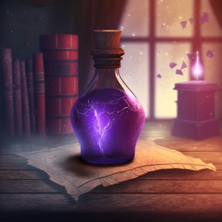 magical potion bottle of a deep purple color and magical light dust, sitting on a wooden table, magical light steaming from bottle, fantasy house, rpg video game, in-game assets, 4k, unreal engine