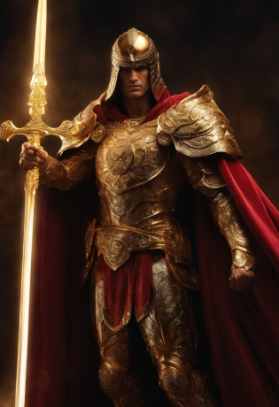 ((1 homem anjo)), Arcanjo Gabriel, ((1 homem)), olhos claros brilhantes, Biomechanicals, Rosto da Beleza, o Deus dos anjos, with a sparkling sword in his hands, Angel of justice , O mais belo dos anjos, cores muito brilhantes, light particles, com luz brilhante, Mshiff, Arte do papel de parede, papel de parede uhd, inspirado no Arcanjo Gabriel, Golden armor and red cape, wavy long hair