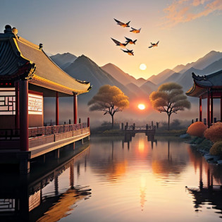 Ancient Chinese Landscape, ((Evening)), ((Sunset Glow)), ((Flying Swallow)), ((Autumn Water)), ((Scholar's Back View)), ((High Pavilion)), ((Sky)) , (((eight perspective))