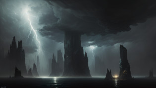 (masterpiece),A very distant landscape on a desert planet, sea, steam, asteroid crossing the atmosphere, heavy rain, dust in the air, lightning, rain, gray mist, clouds of vapor, craters, black smoke, gray sky, immense sea, flood, deluge, water, , high resolution photography, Full-hd(art by [Bastien Lecouffe-Deharme| Caspar David Friedrich]:1.2), (unreal engine rendering, photorealistic painting, photorealism:1.2), (mysterious),aerial view