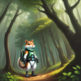 cartoon book cover illustration of a cyborg squirrel standing in a forest, cute forest creature, official illustration, science fiction book illustration, manga book illustration, book illustration, book illustration, book illustration, anthropomorphic beaver, book illustration, history book illustration