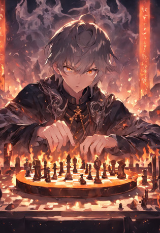 (Grim_Reaper in), (Skeleton_Monster), sits at a table, view the viewer, playing chess, Thinking, Confident demeanor, Masterpiece, Top quality, Best quality, High quality, Ultra-detailed, fire in the background, Vibrant colors, Solo, Extremely detailed