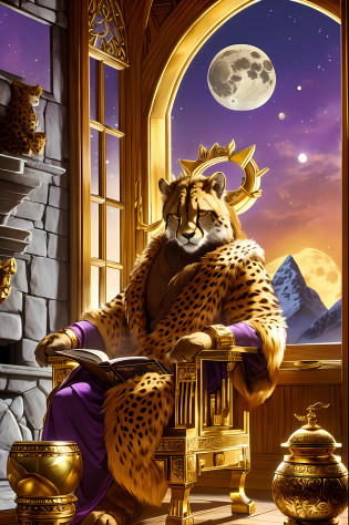 8K, 4D, ((real)), ((detail)), indoors, mountain hut-style room, isekai, one male beastman, cheetah beastman, character appearance (by the window, sitting on a wooden chair, with a thick book in one hand, looking out the small round window, twilight, wearing a deep purple robe, gold bangles, wearing a gold ring, wearing a gold watch, male beastman, wise man, cheetah head and humanoid body, ), background elements (by the window, in front of a small round window, wooden chair, night room, in front of the fireplace, in the light of the fireplace, the moon outside the window)