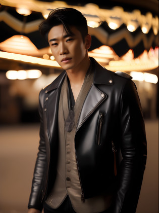 (1 Men?(8K:1.3), Knight image,Asian man photo?Mature men(Best quality, Masterpiece), ?????:1.2?The silhouette blends in with Korea&Japanese male style?The image is based on a 30-year-old man?The character's facial contours are three-dimensional?Be three-dimensional?Wild like a motorcyclist,  Wear leather textured gloves?Full of detail??Short brown hair(Gradient lighting?, 1 man, The skin texture is clear? Look ahead,The man's eyes were anxious?Chapped lips?Sweat on the forehead?The eyes are slender, (Photorealistic:1.4), (Best quality:1.0), (?????:1.0), 8K, RAW photo, (Masterpiece:0.2), (PureErosFace_V1:0.5),Feral male image, Men's leather biker jacket?metallic buttons??Several patterned printed shirts?Wear necklaces and bracelets and 3 metal chains in different styles?A thick rope is tied around the waist, The venue is located in front of the amusement park carousel, The man's expression was nervous?Liso's action?mystical ambiance?Male posture and male facial features(Three-dimensional)?Hair is scattered and layered?Lights illuminate the characters from top to bottom?Bare hair?sun light????????????????