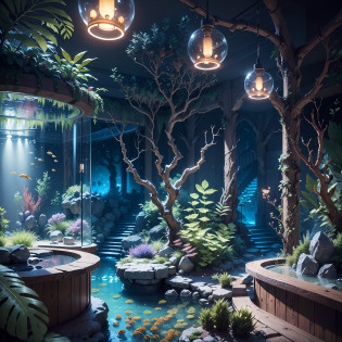 ((masterpiece)) picture of a bar scene,( low light),((luminating fairy hanging lights)), ((red and brown theme)),aquarium inspired bar ,counter bar, beautiful sitting seat, ((detail forest)) ((small details)), (hanging light) ivy plant decorate the bar, inspired by seni or environment artist, ((boho style brown theme bar)), ((Boho style bar)), (intricate details), ((ultra-hd)) unreal engine (fantasy art), (( unreal engine)) render concept art, ornate one ancient tample ruins, ((glowing aquarium with fish)), pictur e capture with each every (((small details))), ((highly detailed))