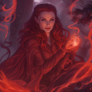 Scarlet Witch sits relaxed under a tree, smiling mysteriously as she puffs on an ornately carved wooden pipe. Swirls of red smoke rise up, slowly enveloping her in a hazy cloud. Her long brown hair and red coat blend into the mist, so only her enigmatic grin is visible, emerald eyes glinting with occult power. The smoke takes magical shapes, forming runes, ravens and glowing red crystals that circle around Scarlet Witch's head before dissipating into the serene dusk sky. Though immersed in her own world, Scarlet Witch radiates an aura of mystical tranquility.

In the foreground, Scarlet Witch sits with legs crossed under an old oak, leaning casually against the trunk. Her layered skirts and coat drape around her body. In her bejeweled hand she holds the carved pipe, its bowl emitting steady red smoke that rises in tendrils. Scarlet Witch's eyes are closed lightly, face peaceful yet faintly arcane.

As the smoke dances, it transforms into mystical symbols around her. A raven takes flight left, a rune hovers right, a crystal shines overhead. The red smoke swirls higher against the darkening sky, forms blending into haze. Torchlight filters through leaves, illuminating Scarlet Witch's subtly occult face. Though enveloped in smoke, she emanates magic and contentment, lost in her own mystical world.