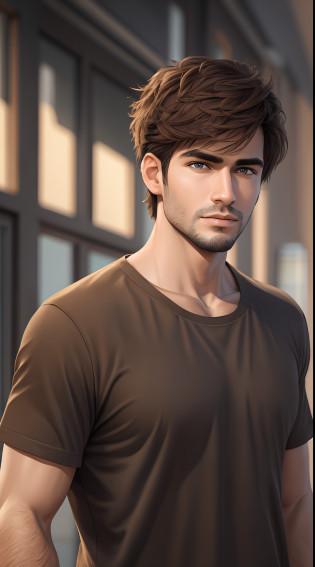 [25-year-old male],[face: Oval], [eyes: narrow eye shape, brown color, thick and curved eyebrow shape], [Nose: Tall shape, big hole], [Mouth: thick lip shape, Neat teeth], [Chin: square chin shape, Strong jaw chin], [Hair: Short hairstyle, brown color,], [Ears: Big ear shape], [Skin: brown skin color, Smooth skin texture], [Facial expression: moody], [Activity: Walking in the aisle],
[Top clothes: T-shirt, brown color, plaid pattern, delicate texture, casual wear style, folded clothing design, well-maintained clothing condition]
Professional photograph of a stunning man detailed, cinematic lightning, octane render, unreal engine, volumetrics dtx