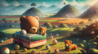 In the vast verdant plains, a wide variety of toys are scattered in a clutter, including spherical toys, literary books, cute teddy bear statues, and tiny bicycles. The vista exudes tranquility and harmony as toys are scattered across the terrain. --auto --s2