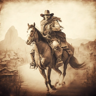 A rugged cowboy riding on a horse, sepia tone, western town background, painted by Leonardo Da Vinci