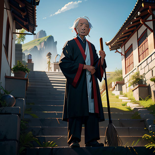 An elderly Taoist priest holding a broom in his hand showed his shocked upper body, showing the camera and standing on the stairs of the mountain

Take a broom?is shocked