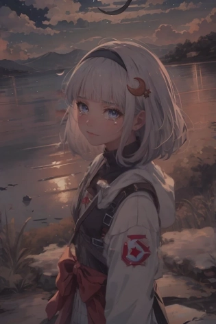 a woman looking at the camera with a sky background behind her and clouds in the background, 1girl, bangs, white_hair, cloud, (one:1. 1) black (crescent moon:1. 3) on background, crying a bit, (depth_of_field:0. 8), face, (looking_at_viewer:0. 8), moonlight, night, night_sky, outdoors, (reflection:0. 2), sky, solo, star_\(sky\), tears, from abovce, no design clothes, high tech wear, BREAK, a woman looking at the camera with a sky background behind her and clouds in the background, 1girl, bangs, white_hair, cloud, one (single:1. 1) (crescent moon:1. 3) on the background, crying a bit, (depth_of_field:0. 8), face, (looking_at_viewer:0. 8), moonlight, night, night_sky, outdoors, (reflection:0. 8), sky, solo, star_\(sky\), tears, from above