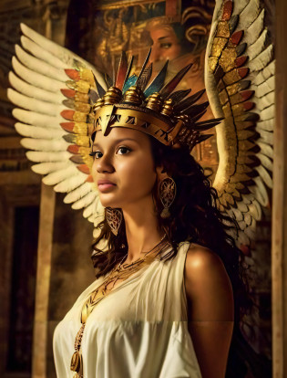 uma mulher em um vestido branco e cocar dourado com asas, Rainha asteca, Retrato da princesa asteca, wearing an egyptian crown, deusa bonita, Imperatriz Asteca, Deusa guerreira asteca, Deusa Rainha, beautiful cleopatra, deusa jovem, Princesa Libu antiga, Deusa do Sol Asteca, deusa antiga, Egyptian Princess, Sacerdotisa Maia, usando capacete alado, usando coroa de penas brilhantes