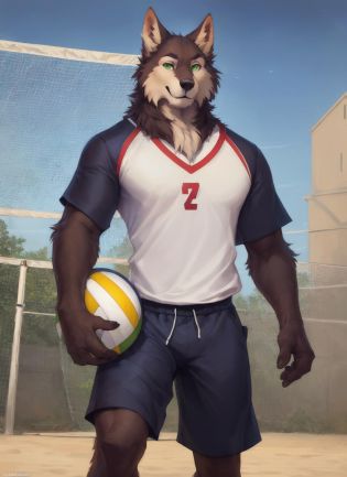 shoichi, <lora:shoichi-09:0.7>,  uploaded on e621, by Pixelsketcher, by Bayard Wu, by Thomas Benjamin Kennington , by Einshelm, solo, full body, volleyball uniform, volleyball, volleyball court, green eyes