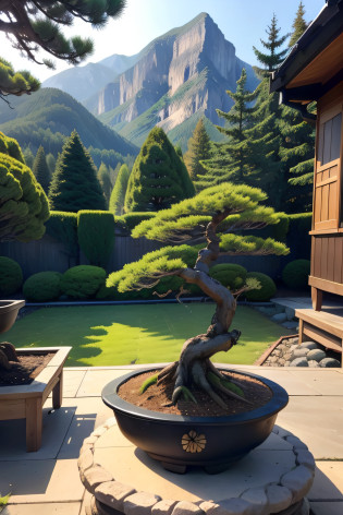 In your own open-air yard, In the yard, There are black pine bonsai, Rhododendron bonsai, Red leaf bonsai, The owner of the yard is pruning the bonsai, Bonsai should have a close-up, Mountains and streams across the yard, And the resulting picture should be authentic?Close to life Characters to be pruned bonsai