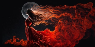 As the moon rises high in the sky, you spot a captivating sight in the distance. A stunning woman, dressed in a flowing red dress made of undulating red smoke, is moving gracefully to the beat of an unheard rhythm. Her hair is styled in a braided ponytail, each strand gleaming in the moonlight. She moves with such fluidity and ease that it's hard to tell where her body ends and the smoke begins. As she dances in the dark, the smoke swirls and twirls around her, casting an otherworldly glow that illuminates her features. You can't help but feel drawn to her mysterious energy and wonder what secrets lie within her movements. --ar 2:1