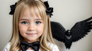 Blonde child girl with black wings and a black bow, menina com asas de anjo, de uma menina anjo bonita, Anjo com asas pretas, menina do anjo, vestindo anjo, retrato bonito da menina do anjo, Um anjo, anjo da menina alada, possivelmente um anjo, menina com penas, usando halo de anjo, anjo bonito, angelic face, anjo biblicamente acuado, asas de anjo preto