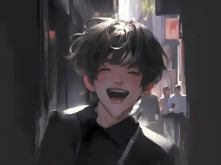 there is a young boy with a black shirt and a black tie, guweiz, artwork in the style of guweiz, by Yanjun Cheng, [[[[grinning evily]]]], insane smile, wide grin, grinning lasciviously, he is smiling, guweiz masterpiece, grin, huge smile, he is very happy