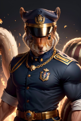 (masterpiece, high image quality), (muscular angry squirrel), (wearing navy blue naval military uniform), (white naval military cap with gold symbol), (squirrel head), (angry squirrel face), ( squirrel arm), (medals on the chest), (military rank symbol on the arm), (as background the national flag of brazil)