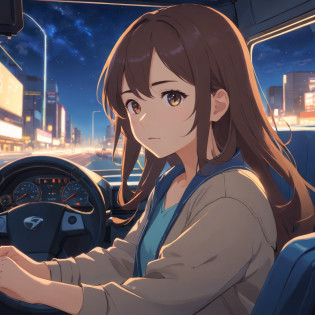 With high-resolution animated illustrations?25 year old woman sits in the driver's seat of a large truck driving on the highway at night?She let her long brown hair flutter in the wind?Holding the steering wheel with a confident expression?The interior of the truck has been faithfully reproduced to the smallest detail.?dashboard?sheets?The control panel, etc. are clearly drawn?Girl gazing at the road?It depicts the confident driving of the truck?Outside the window of the truck?Various vehicles drive on the highway?Stars are shining in the night sky?