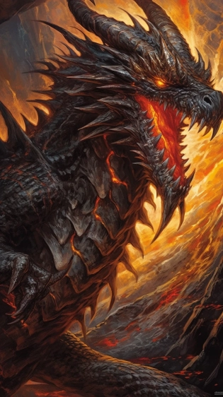 Zoddrened, the dark, a terrifying black dragon, mouth open about to exhale a sea of flames, masterpiece, gigantic scale, in the style of detail-oriented, hyper-realistic, in the style of yugioh monster --no frame, mockup, signature, watermark, username, low resolution, worst quality, low quality, jpeg artefacts, blurry, cropped, badly framed --ar 9:16 --c 7 --s 200