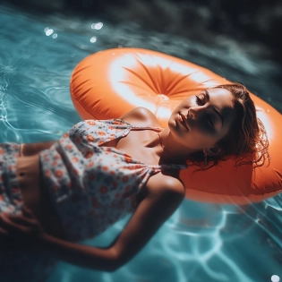 A girl lying on a pool float, relaxing in the water on a hot summer day --q 2 --s 750 --v 5
