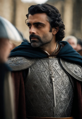 Oscar isaac,is a medieval prince, vestindo roupas da realeza,coroa de prata com um cristal de turmalina. Olhos vidrados,uma capa real. Um manto de pelagem de lobo. middle ages.