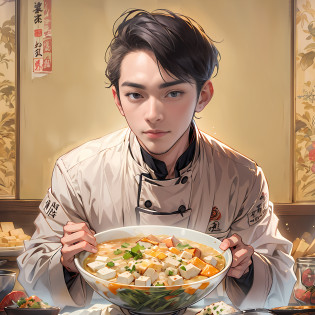 A young and handsome male chef is holding a bowl of savory tofu pudding, with a bill worth 666 yuan in front of him. The tofu pudding is fresh, tender, and enticing, with smooth white tofu and richly flavored ingredients that are visually appealing and delicious,in the style of the stars art group xing xing, 32k, best quality, masterpiece, super detail, high details