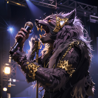 Heavy metal rock werewolf rock werewolf singer big gold chain worn real diamond glitter microphone rock werewolf holding microphone singing stage with holy light real handsome werewolf