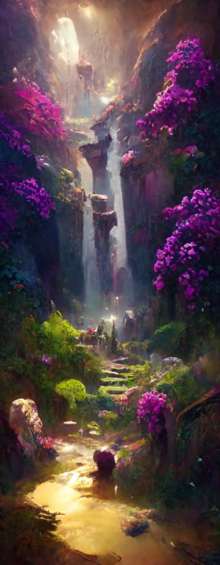 garden of eden, vivid colorful flowers, lots of purple and pink wisteria hanging from ceiling, overgrown, waterfalls, watercolor, style of Renato Mucillo landscape, Andreas Rocha artstation, Marc Simonetti, Miyazaki, Studio Ghibli :: epic scale, dramatic lighting, 8k post processing, wide angle, many golden layers, trending on artstation, environment highly detailed --ar 2:5 --no people, buildings --test --uplight