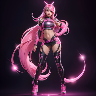 Cyborg beauty, a pretty girl, pretty face, pink theme, hippie clothes, black theme, sparkling pink, sparkling pictures, high quality pictures, full body pictures, pretty poses