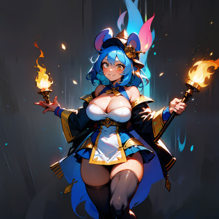 dark skin, innocent smile, insane smile, court jester's hat, court jester's dress, big thighs, blue mouse ears, blue mouse tail, blue hair, dark skin, mouse ears, Alone, happy look, excited look, closed mouth, calm look, Big breasts, holding torch with rainbow flames, 1 girl, dark skin tone, adult,  tall, standing up, white eyes, bright eyes, high detail, battered clothes, medium bust, burnt clothes, blue mouse ears, background fire, full body