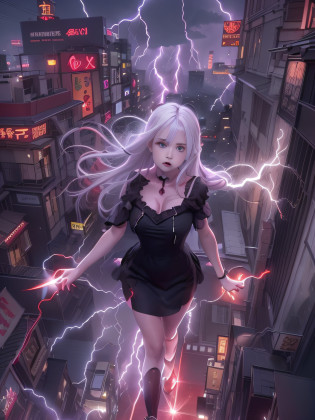Black goth-rowley girl floating in the city with lightning,Gothloli albino girl floating in the city with one hand,Woman in black dress with red and black hair, Gothic Maiden girl, girl in black dress, 1 7 year old girl,Old Goth girl, an elegant gothic princess, artwork in the style of guweiz, in the art style of bowater, dreamy gothic girl, 8k high quality detailed art, gothic art style, wearing a gothic dress,closing,Wearing underwear,Red Eyes,Looking down,white  hair,Wind,Head tilt,White hair, Silver hair, Long hair, Blunt bangs, Straight hair, Big hair, expressive hair, (Red eyes that glow intensely:1.8), Downward eyes, (Red Eyes:1.5),small tits,Thin leg,Crazy, Disappointed,wide Shots,wide angles,sideshot,3 views,,(Close up portrait of a person in a black dress flies over the city:1.7),People fleeing the busy streets of the city lined with shops??????, busy street, Street crowded with people, photograph of the city street, japanese downtown, Traditional Cities of Japan, Busy streets,busy cityscape, bustling city, Crowded with people, Bustling streets in the moon, crowdedstreets, shutterstock, Bustling small town streets,bad weather?A huge amount of purple lightning came out of the girl's hand and hit the city,Dark clouds cover the city pierced by clouds of lightning, Lightning clouds, Atmospheric lightning, Pink lightning, With thunderstorms, Dark storm with lightning, Dramatic purple lightning, Lightning in the sky, Contrast Lightning, thunderstorm in the sky, Lightning in the background, With lightning, Stormy weather with lightning, Upper volumetriclightning,Effect of wearing purple aura,(Control a large number of lightning with open arms:1.4),Destroy the city with a girl's lightning attack,Called nose,Lightning effect on both hands,Countless balls glowing purple around the girl,goddess of lightning, Storm, Storm outside, She attracts a lot of purple lightning,