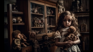 monster protectively holding a little girl clutching a tattered doll, horror movie, sinister, antique furniture, shelves with dolls --ar 16:9 --v 5 -