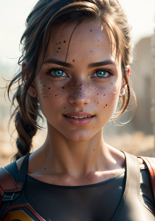 RAW, (best quality:1.17), (masterpiece:1.17), (semi realistic:1.17), contrast,  superheroine photo, the  lara croft tomb raider, (detailed eyes:1.3),(smile:1), (freckles:1.1), (skin pores:1.1), (wearing superheroine suit:1.2), (look at viewer:1.2), (high quality face:1.1), (high detailed face skin:1.1), (realistic iris:1.1), (realistic pupils:1.3), (realistic lighting:1.1), (beautiful moles and freckles:0.1), (film noise:1.1), (film grain:1.4),  analog style,  hybrid superheroine cosplay, (wearing superheroine suit:1.2),   (look at viewer) (skin texture) (film grain), (hyper realistic texture skin:1.17), (warm hue, warm tone:1.2), close up, cinematic light, side lighting, Dappled Light, ultra high res, best shadow