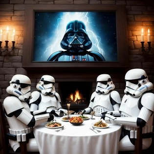 200mm lens, cinematic shot, award winning CGI, perfect angle, {A squad of (stormtroopers:1. 3), sitting, having a meal together, (Darth Vader painting), last supper}, cozy, surreal, epic composition, detailed medieval bar interior background, fireplace, (ultra detailed, intricate, finest detail, detailed armor, detailed foods, diverse food), (Bloom:0. 3), hard focus, smooth, raytracing, specular lighting, depth of field, volumetric lighting, reflection, light reflection, octane render, 3D renders, HD, UHD, 64K, 128K, masterpiece, professional work,