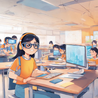 Depict a bright classroom?Full of technology atmosphere?Students in the classroom can use VR glasses for virtual reality learning?They can explore a variety of scenarios and knowledge in an immersive way?ao mesmo tempo?There are also students drawing cartoon characters?Show their creativity and artistic talent?Teachers are teaching students how to take pictures with their cameras?Develop their photography skills?Still others draw with brushes?Express your thoughts and feelings?ao mesmo tempo?There are also students exploring the inside of the classroom?Discover new knowledge and discoveries?There are even students operating drones to measure?Demonstrate the application and innovation of technology?The entire illustration can be laid out vertically?to highlight the faces and expressions of the characters?This illustration is suitable for commercial use?Can be used for education-related advertising?promotional materials, etc?Show the technology and innovation of modern education?