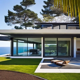 Hyper realistic eye level exterior photo of a mid century modern style house overlooking the ocean, daylight, indirect lighting, AD magazine, Frank Lloyd, Eames, Mies van der Rohe