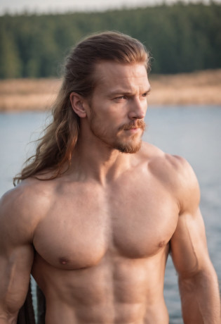 photo of muscular Viking with large penis, topless, shirtless, barechest, warm summer evening, lake background, dramatic light, very handsome, long hair