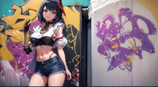 Kujou Sara Genshin Effect, masterpiece, bestquality, 1girls, mediuml breasts, bara, crop top, shorts jeans, choker, (Graffiti:1.5), Splash with purple lightning pattern., arm behind back, against wall, View viewers from the front., Thigh strap, Head tilt, bored, Ponytail, water eyes,