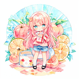 PastelColors:1.5)?(Cute illustration:1.5)?(watercolor paiting:1.2)?Light blue background?girl with Big Milk peach box?full body Esbian, beside giant Milk peach box, Big peach Milk box, A smile?Stranger?Light blue all over?Moya?marble?colourfull?milk?peach?Milk peach, beside a Big milk peach box, shorts