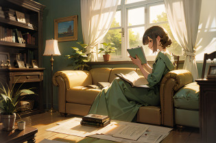 living room, sofa, windows, Curtains, Sunlight shines, flowerpot, table, cabinet,bookshelf, paper, Table Lamp, typewriter, Girl sitting on sofa,notebook,