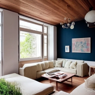 high resolution photography interior design, dreamy sunken living room conversation pit, wooden floor, small windows opening onto the garden, bauhaus furniture and decoration, high ceiling, beige blue salmon pastel palette, interior design magazine, cozy atmosphere