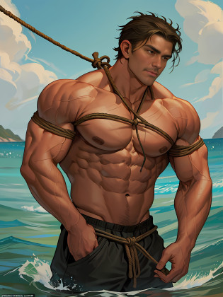 a man with no shirt on holding a rope and pulling it, strangled with rope, rope bondage, exaggerated muscle physique, masculine and strong, exaggerated physique, strong masculine features, rope, ropes, male model, beefcake pose, very very roberto ferri, muscular masculine figure