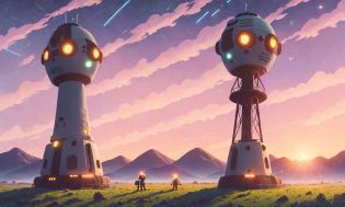 rural landscape, sunset, evening, stars, robots, distant control tower, single sun, few cumulus clouds, planet in the sky, blue sky, hovercraft, shining lights, sun rays, sun spots, smooth light, lens flare, Simon Stalenhag