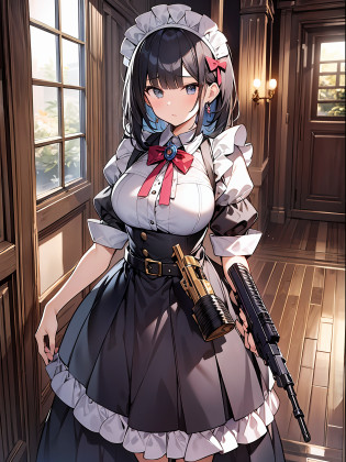 Victorian maid, vintage-style maid uniform, heavy weaponry, handgun, gun belt, ammunition belt, floor-length skirt, heavily armed, combat boots, determined expression, intricate lace detailing, polished silverware, opulent mansion, dimly lit corridor, secret passageway, hidden treasures, mysterious aura, adventure awaits, stealthy pose, vigilant gaze, hidden identity, concealed daggers, ornate key, master's loyal guardian, maid with a mission, elegant and deadly, unconventional maid duties.break {{Eroge,Game CG,High quality game CG},{{{1girl in}}},{{masutepiece}},25 years old,adult lady, {{{Best quality}}}, {{Ultra-detailed}}, {{Illustration}},{{magical little girl}},brooch,{{{1girl in}}},{masutepiece}, {{{Best quality}}}, {{Ultra-detailed}}, {{Illustration}}, {{disheveled hair}}, brooch,Huge ass,magcal girl,, frilly sleeves,,Blue yukata, alternate hairstyle,, Black eyes, Black hair,Very short hair, medium breasts, , Eyelashes, Lips,,, break,
