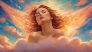 ?masterpiece, Highest Quality, MovieSteel, 1woman, Cloud Girl, Floating in the sky, close-up, brightness, happiness, Warm and soft lighting, sunset, Sleeping, Sleep on your stomach, sleep, eyes closed. (sparks:0.7)