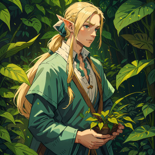 A man with long blond hair, with his hair tied up in a ponytail style, this man has Elf ears and wears simple medieval clothes, a costume of a plant expert, magical plant clothes, this man stands next to a giant carnivorous plant in the middle of a magical forest.