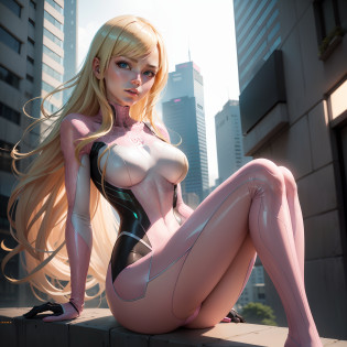 Blonde-haired woman in a pink and white costume sitting on a ledge, ( ( Spiderwoman ) ), cyber suit, gwen stacy, inspirado em Yanjun Cheng, yanjun chengt, ross tran 8 k, cosplay realista, aranha - gwen, aranha-gwen, aranha gwen, cybersuit, estilo futurista homem-aranha, garota humana android feminina perfeita, cybersuits