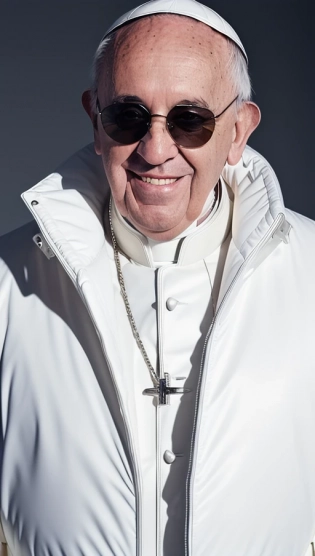well lit fashion shoot of Pope Francis smiling, sunglasses, wearing a white inflatable oversized jacket designed by yeezy and balenciaga, sharp focus, clear, intricate, cinematic, glamourous, symmetrical, soft lighting, indirect lighting, vogue, editorial, fashion, full body <lora:epi_noiseoffset2:0. 4>